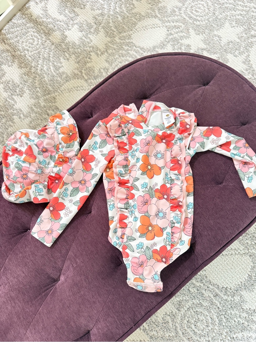 18M Tucker&Tate Floral Ruffle Long-Sleeve One-Piece Swimsuit w/Matching Hat NWOT
